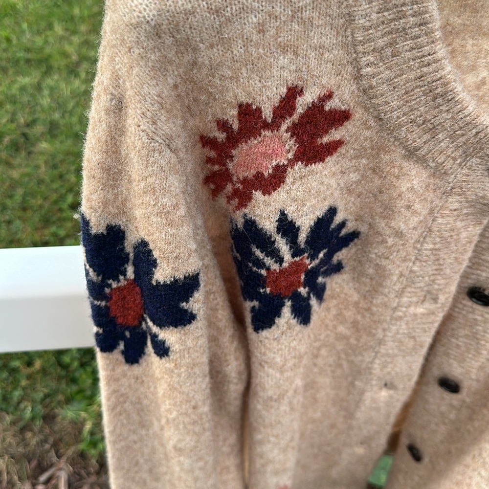 Tan cardigan sweater with flowers - Picture 2 of 5